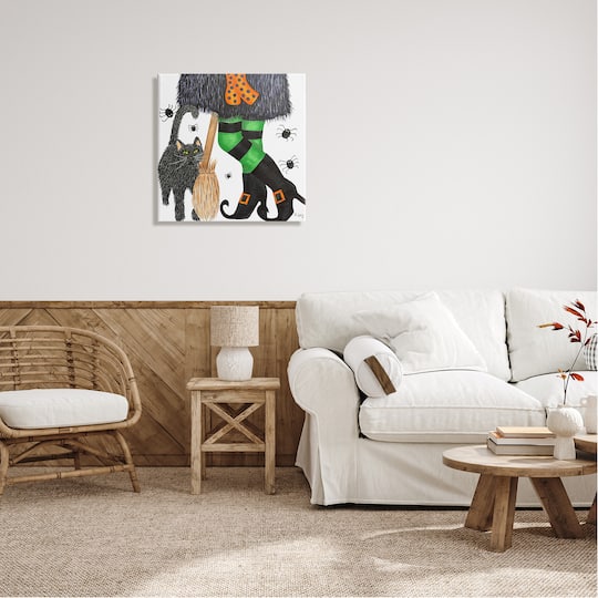 Stupell Industries Witch Broom Halloween Black Cat Canvas Wall Art